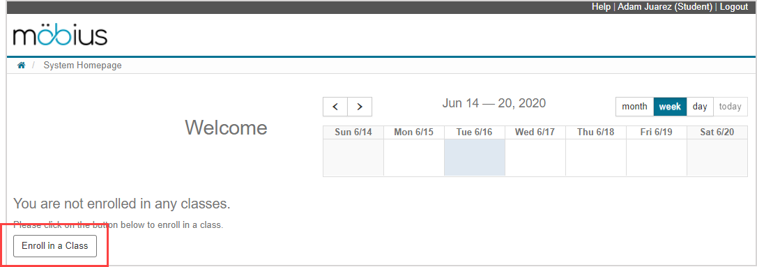 The "Enroll in a Class" button is under the "You are not enrolled in any classes" heading on an empy System Homepage.